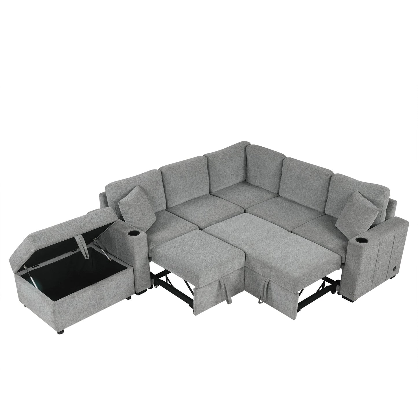 84" Sectional Sofa Convertible Pull-Out USB Gray