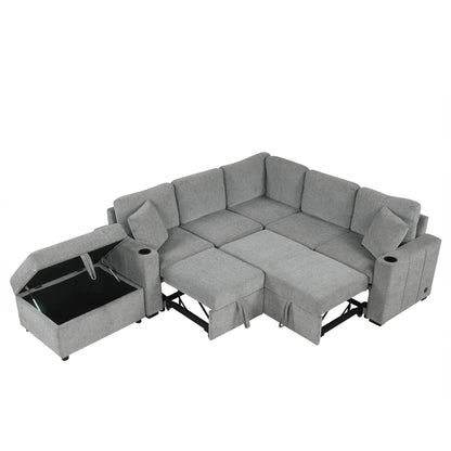 84" Sectional Sofa Convertible Pull-Out USB Gray