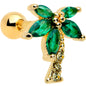16G 1/4 Clear Green Gem Gold Tone Palm Tree Cartilage Tragus