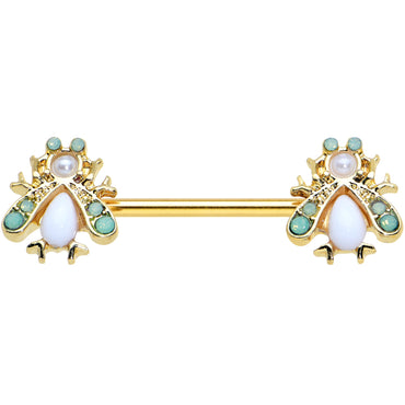 14G 5/8 White Gem Gold Tone Snow Bug Barbell Nipple Ring Set