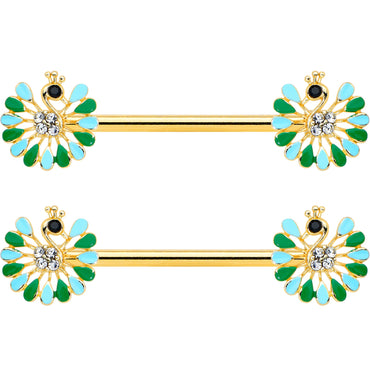 14G 5/8 Clear Gem Gold Hue Pretty Peacock Barbell Nipple Ring Set