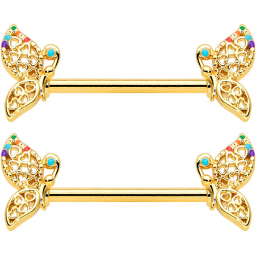 14G 9/16 Clear CZ Gem Gold Tone Heart Butterfly Nipple Ring Set
