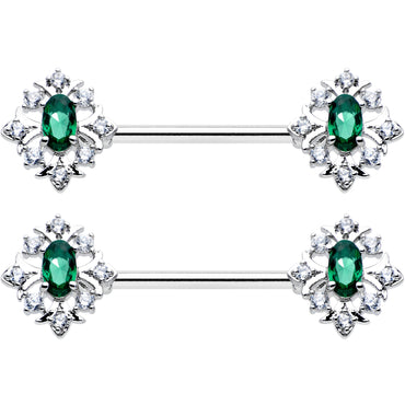 14G 9/16 Clear Green Gem Ornate Art Deco Barbell Nipple Ring Set