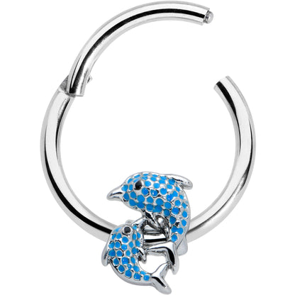 16G 3/8 Black Gem Blue Leaping Dolphins Hinged Segment Ring