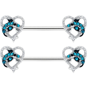 14G 9/16 Clear Blue Gem Dolphin Heart Barbell Nipple Ring Set