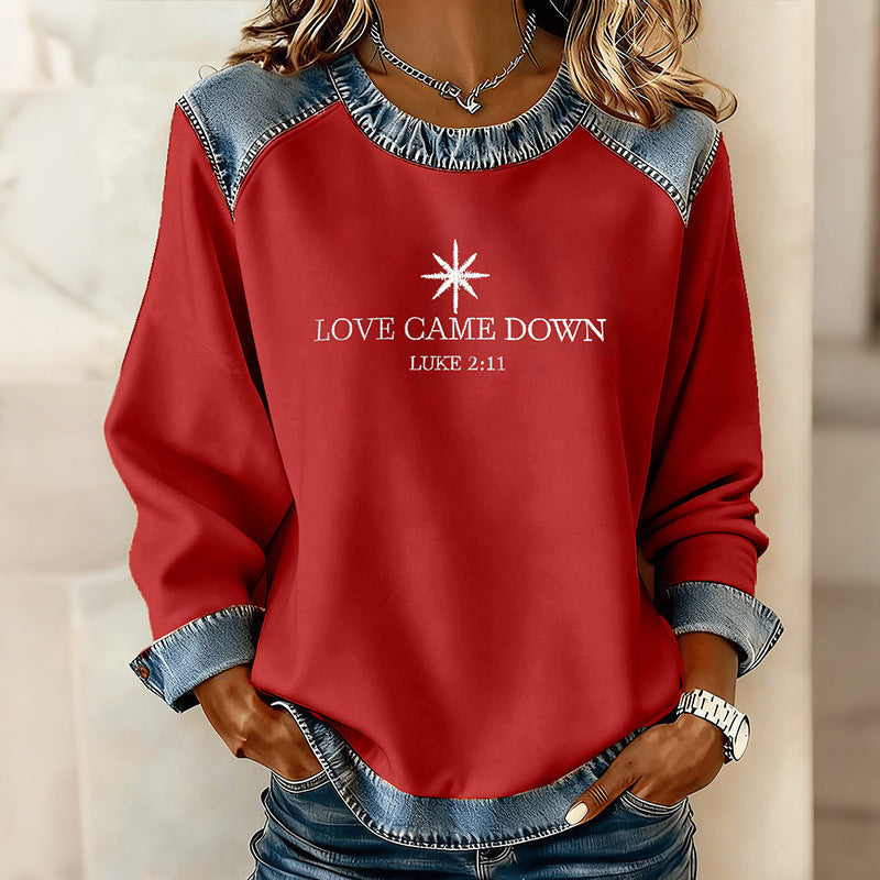 Womens Casual Floral Denim Patchwork Hoodie Top