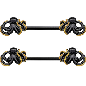14G 9/16 Black Understated Octopus Barbell Nipple Ring Set