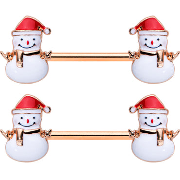 14G 9/16 Rose Gold Tone Smiling Snowman Christmas Nipple Ring Set