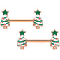 14G 9/16 Red Gem Rose Gold Tone Christmas Tree Nipple Ring Set
