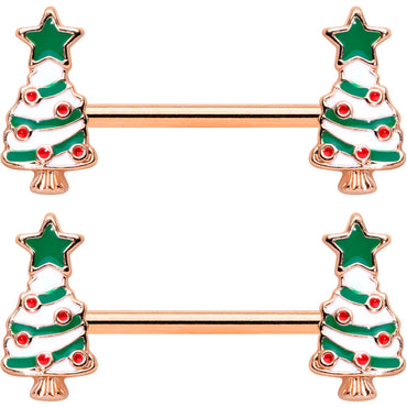 14G 9/16 Red Gem Rose Gold Tone Christmas Tree Nipple Ring Set