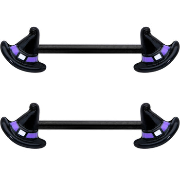 14G 5/8 Black Purple Band Witch Hat Halloween Nipple Ring Set