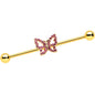 14G Pink Gem Gold Tone Simple Butterfly Industrial Barbell 38mm