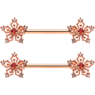 14G 9/16 Red Gem Rosy Hue Texture Snowflake Barbell Nipple Ring Set