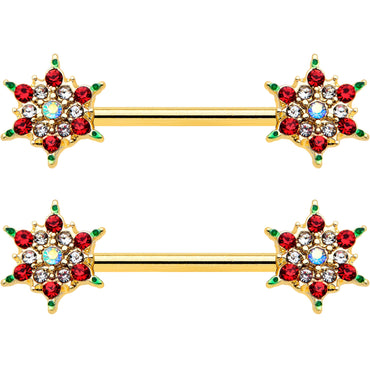 14G 9/16 Red Gem Gold Hue Bright Christmas Barbell Nipple Ring Set