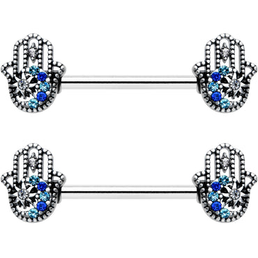 14G 9/16 Clear Blue Gem Textured Hamsa Hand Nipple Ring Set