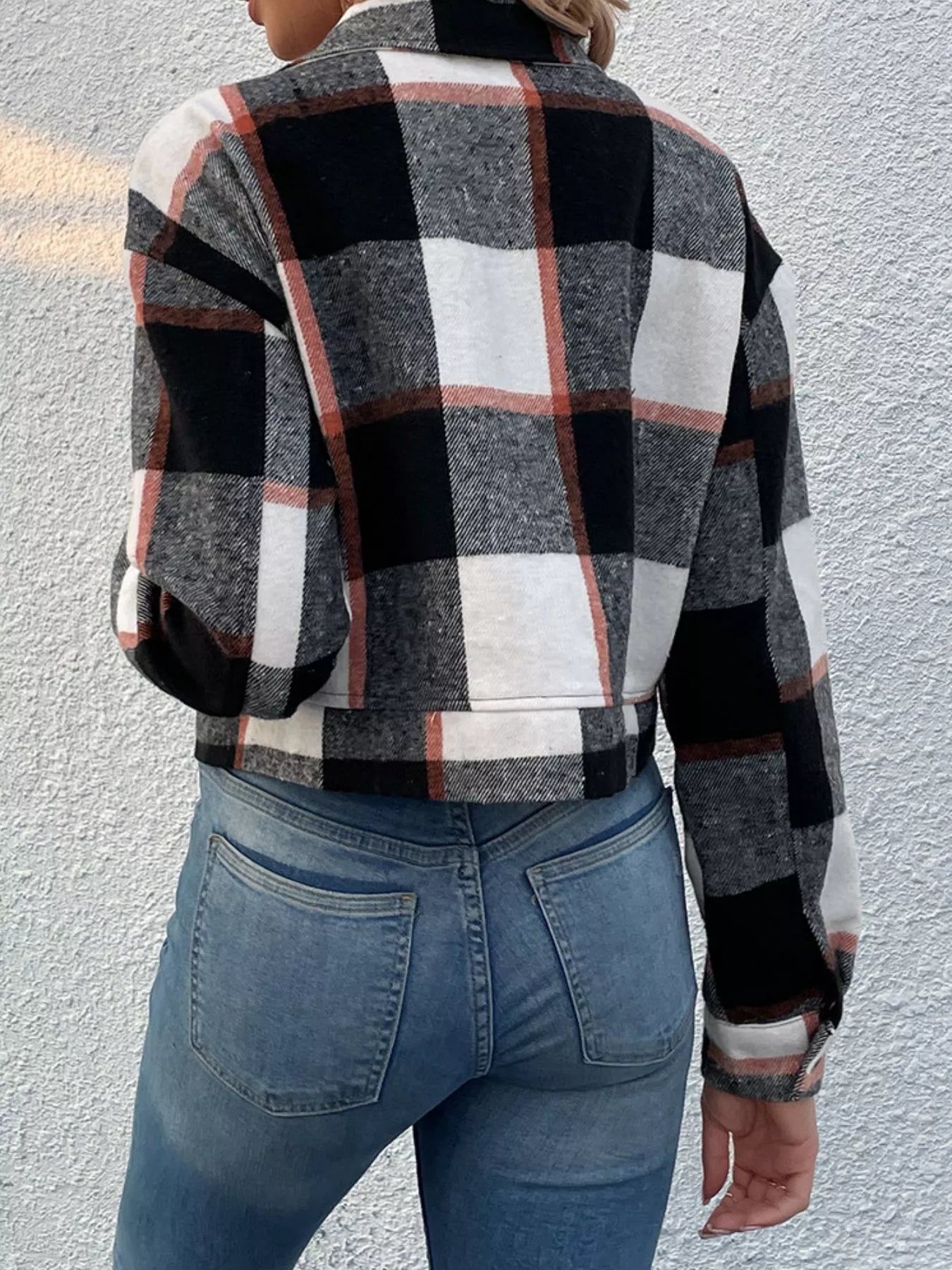 Plaid Button-Down Crop Jacket