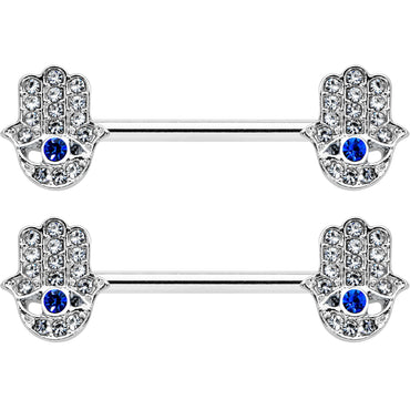 14G 9/16 Clear Blue Gem Eye Hamsa Hand Barbell Nipple Ring Set