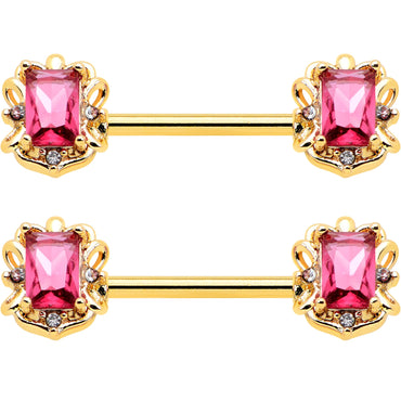 14G 9/16 Red Gem Gold Hue Regal Escutcheon Barbell Nipple Ring Set