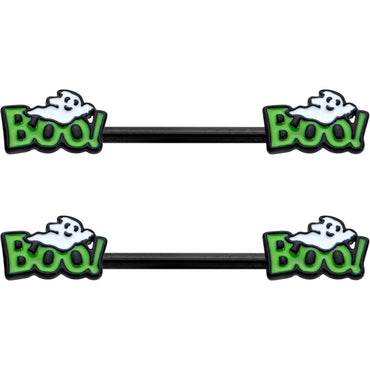 14G 9/16 Black Boo Smile Ghost Halloween Barbell Nipple Ring Set