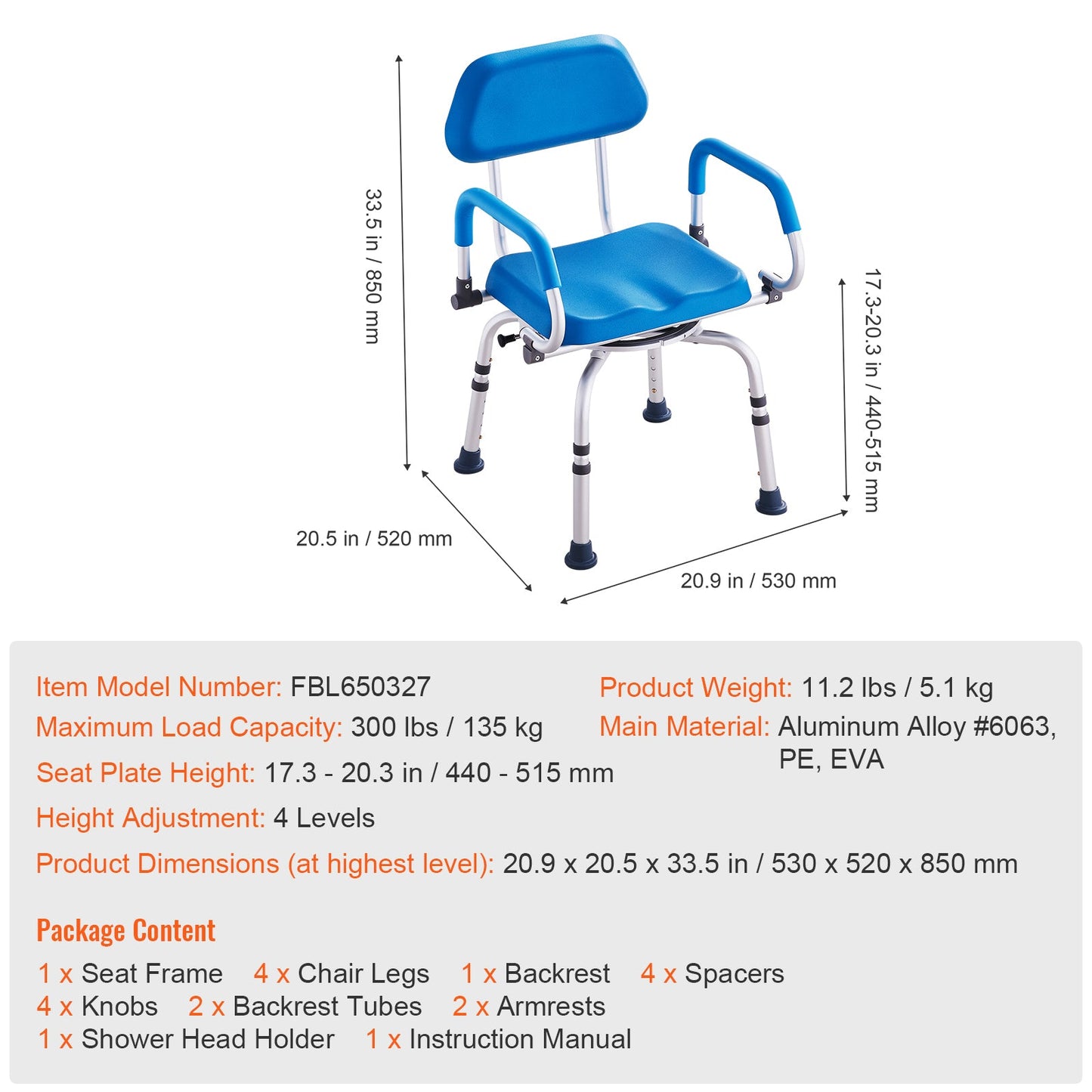 Shower Chair 360 Degree Swivel Padded PU Seat Aluminum 300 LB Blue