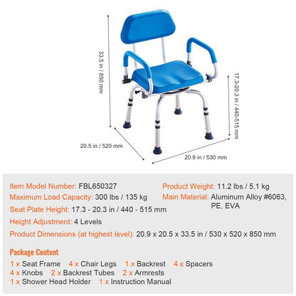 Shower Chair 360 Degree Swivel Padded PU Seat Aluminum 300 LB Blue