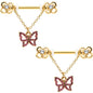 14G 5/8 Pink Gem Gold Hue Simple Butterfly Dangle Nipple Ring Set