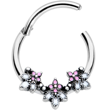 16G 3/8 Pink White Abstract Leaf Hinged Segment Ring