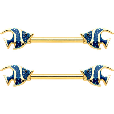 14G 9/16 Gold Tone Blue Stripe Adorable Angelfish Nipple Ring Set