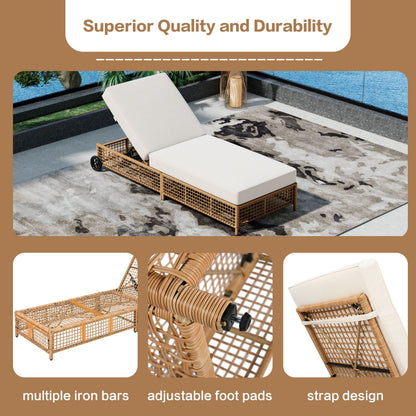 Outdoor Lounge Chair, 5-Position Adjustable Rattan Chaise with Cushion and
