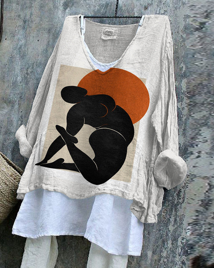 SpringSummer V-neck Long-sleeve Shirt Artistic Retro And Relaxed-fit