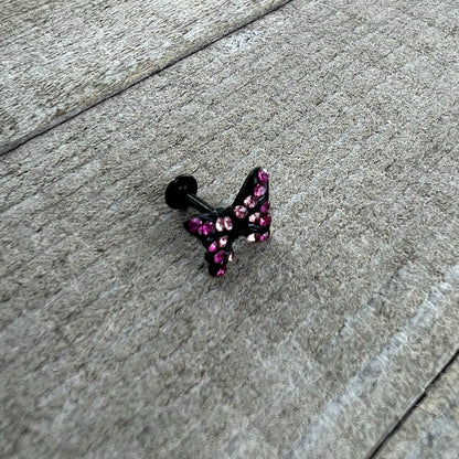 16G 1/4 Pink Gem Black Midnight Butterfly Labret