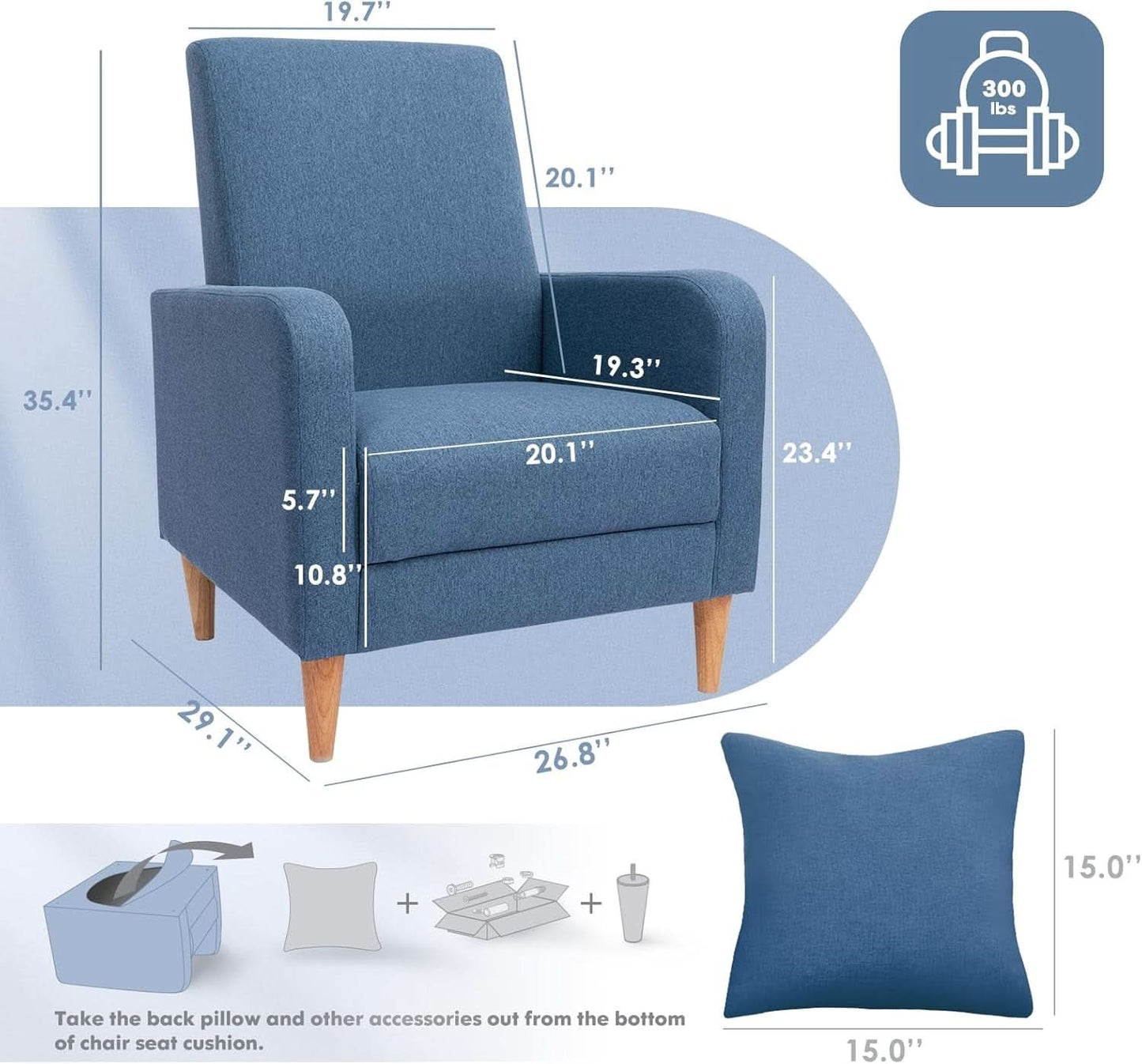 Blue Upholstered Accent Armchair With Back Cushions