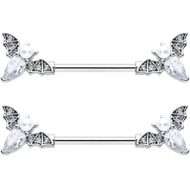 14G 9/16 Clear Gem Flying Bats Halloween Barbell Nipple Ring Set