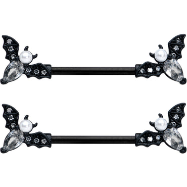 14G 5/8 Clear Gem Black Flying Bats Halloween Nipple Ring Set