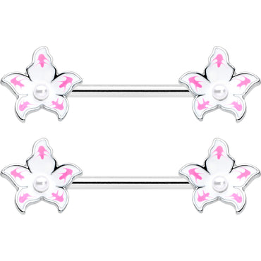 14G 9/16 Pearlescent Orb Pink White Flower Barbell Nipple Ring Set