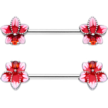 14G 9/16 Red Gem Tropical Flower Barbell Nipple Ring Set