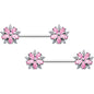 14G 9/16 Pink CZ Gem Floral Burst Barbell Nipple Ring Set