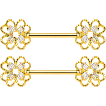 14G 5/8 Clear Gem Gold Tone Texture Cross Barbell Nipple Ring Set