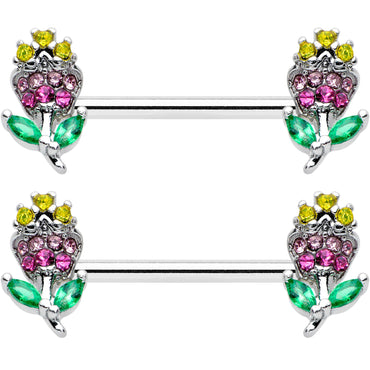 14G 9/16 Green Pink Gem Mardi Gras Flower Barbell Nipple Ring Set