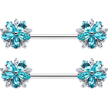 14G 9/16 Blue CZ Gem Floral Burst Barbell Nipple Ring Set