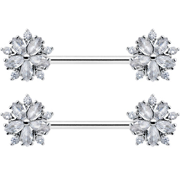14G 9/16 Clear CZ Gem Floral Burst Barbell Nipple Ring Set