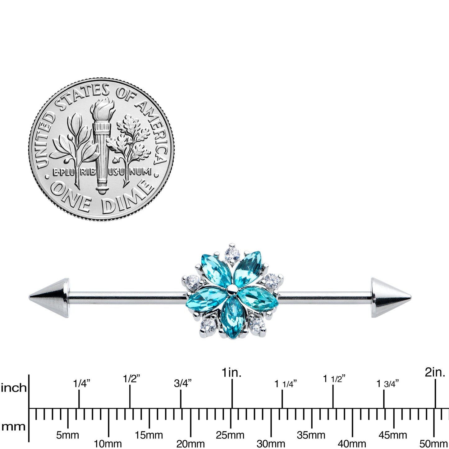 14G Blue CZ Gem Floral Baroque Burst Cone Industrial Barbell 38mm