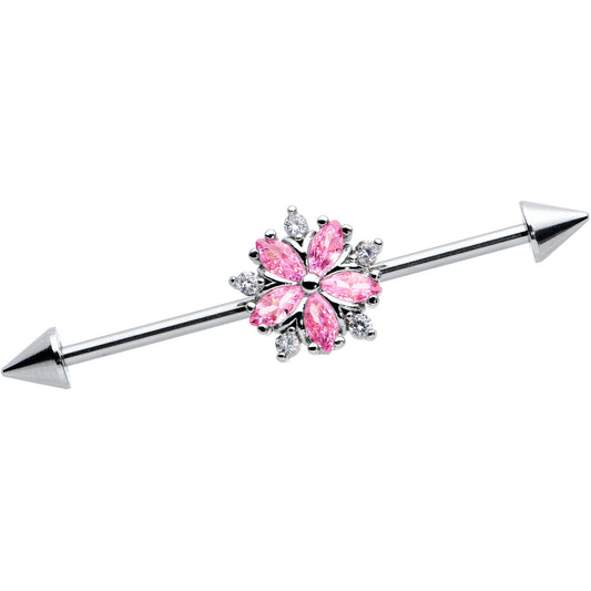 14G Pink CZ Gem Floral Baroque Burst Cone Industrial Barbell 38mm