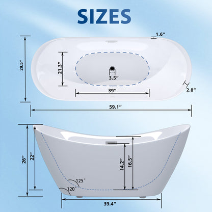 Modern Acrylic Freestanding Tub, Gloss White, Chrome Overflow and Pop-Up Drain
