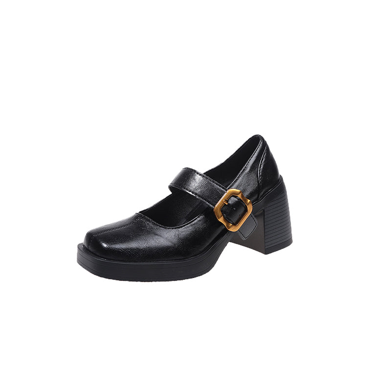 2026 New Women Minimal British Style High Heel Square Toe Flats, Vintage Metal Buckle Single Strap Silent Commuter Mary Janes
