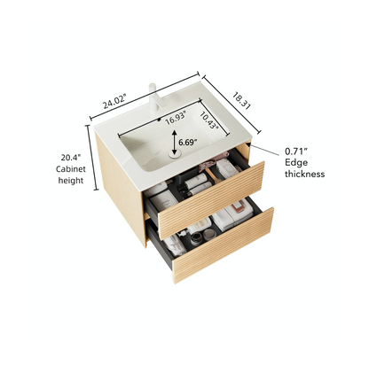 24' Bathroom Vanity with Sink, Wall-Mounted Floating Plywood Bathroom Storage
