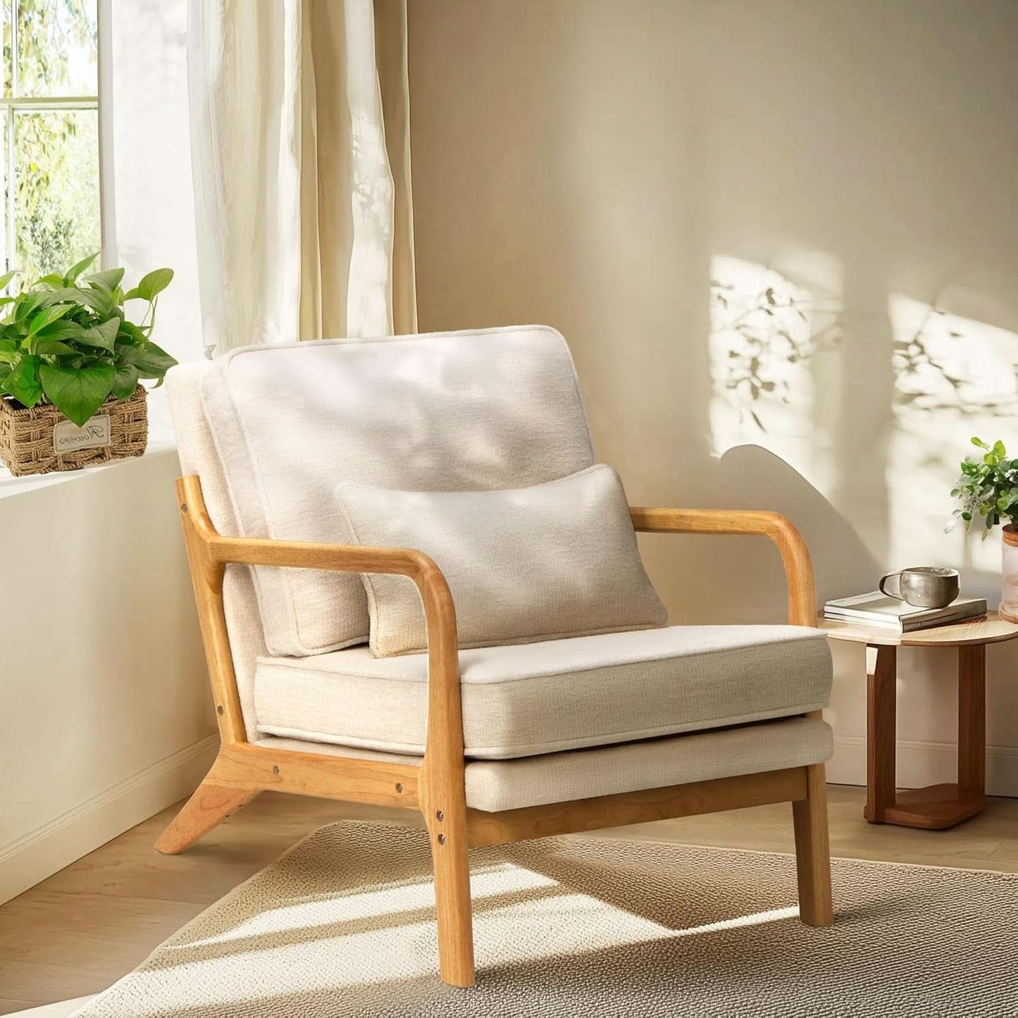 Beige Upholstered Accent Chairs With Lumbar Pillows