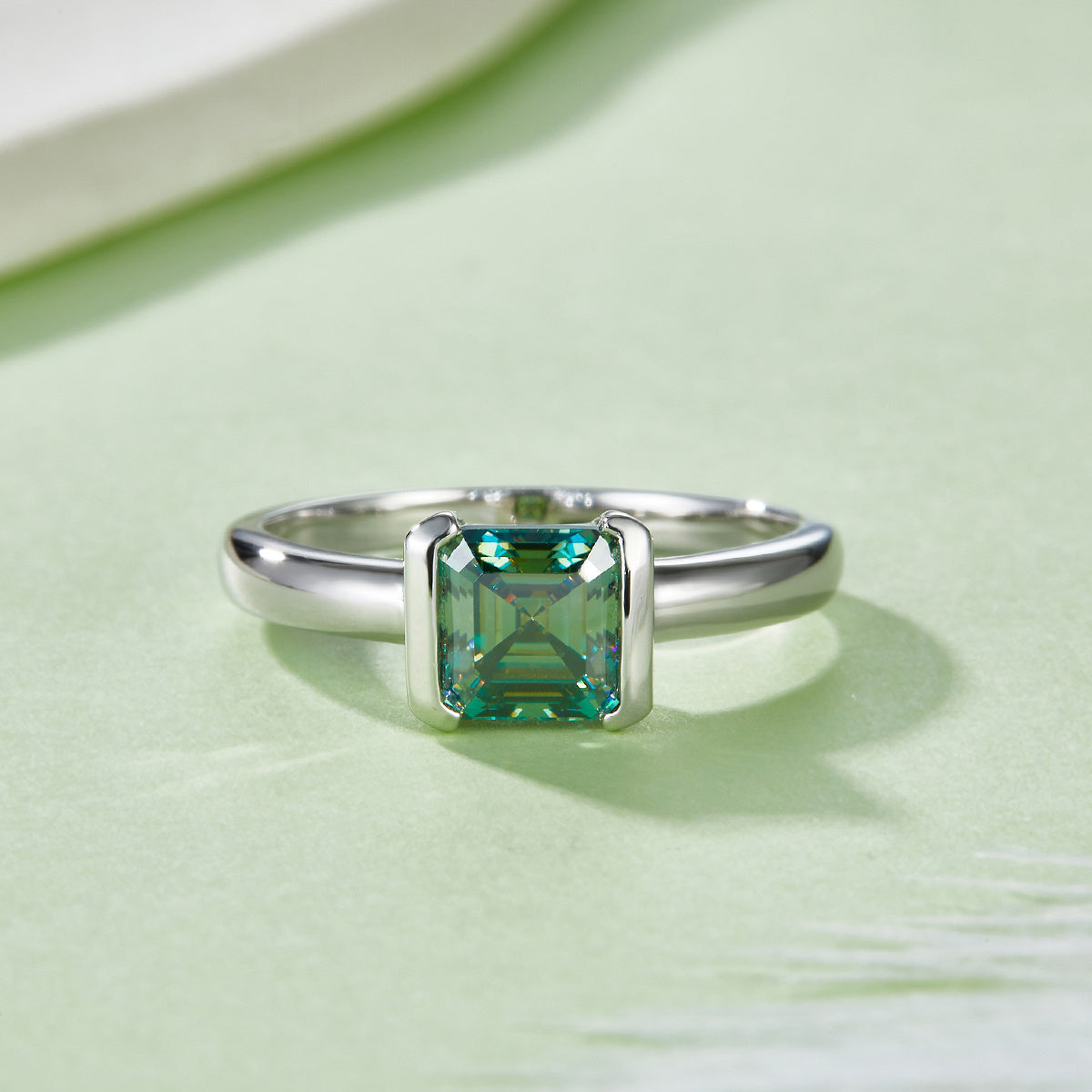 S925 Sterling Silver 1ct Green Moissanite Ring, 6x6mm Square Cut VVS1 Solitaire, Platinum Plated US Sizes 5-9, GRA Certified Jewelry Gift Box