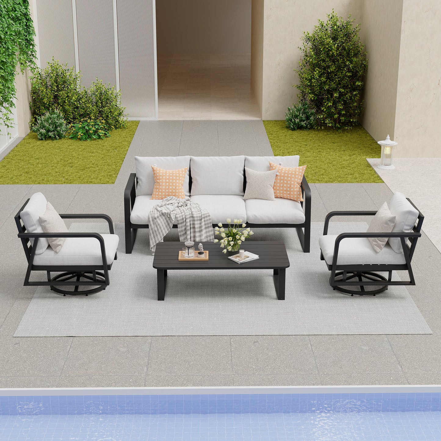 4 Piece Aluminum Patio Sofa Set Dark Gray Swivel Rocker