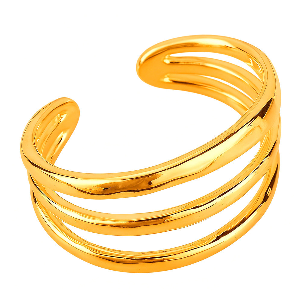 Triple Layer Spiral Open Cuff Bracelet, Polished Silver Minimal Sculptural Bangle, Quiet Luxury European Spanish Women Jewelry